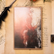 Carica l'immagine nel visualizzatore di Gallery, Scatola e portale dell'Angelo del CERVO ROSSO in legno di pioppo, dipinto e vestito a mano, abito in stoffa  sottogonna in tulle, gonna rossa e top bianco/nero jacquard, camicia in cotonina a righe. Ricchissimo di accessori.