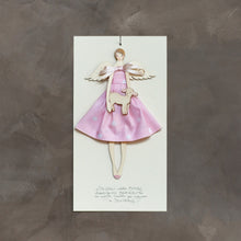 Carica l'immagine nel visualizzatore di Gallery, ANGELO della BIMBA GRANDE, struttura in legno di pioppo dipinta e vestita a mano, abito in cotone rosa a poi e fiocco in raso; piccolo accessorio in legno a forma di agnello.