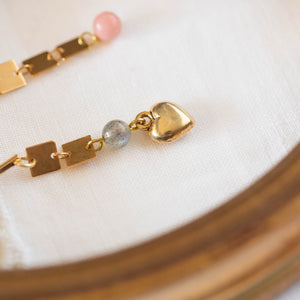Dettaglio degli orecchini QUADRI asimmetrici con cuore dorato e pietre dure: aulite rosa e labradorite, piastrine placcate oro 24k.