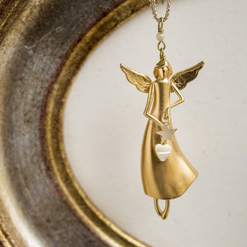 COLLANA ANGELO GABRIELE, versione in oro 24k, charm pendente a forma di stella e cuore, regalo poetico